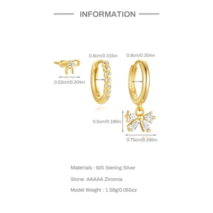 Detail view of S925 silver gold butterfly earring set with AAAAA zircon and dimensions