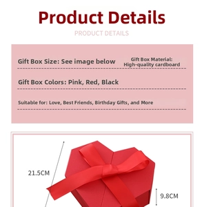 Size chart showing a heart-shaped gift box with bow, 21.5cm wide and 9.8cm high
