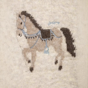 Chic beige wool blend sweater with horse jacquard embroidery and artistic knit pattern