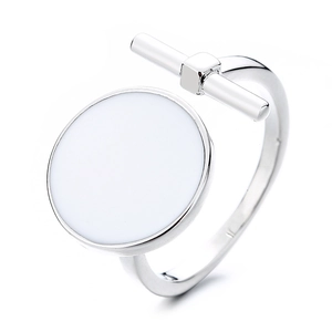 Minimalist S925 silver ring with white enamel button detail and geometric bar design