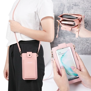 Women Mobile Phone Crossbody Bag PU Leather Clear Touch Screen Window Shoulder Wallet Card Holder Minimalist Solid Color