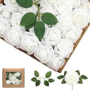 Artificial white PE roses bouquet set with green leaves in window gift box for wedding