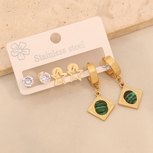 Three-pair stainless steel earring set featuring malachite rhombus and zircon studs