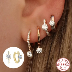 Classic S925 sterling silver four-prong diamond hoop earrings with gold finish