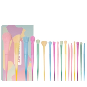 Colorful macaron gradient makeup brush set with various sizes and abstract pattern gift box