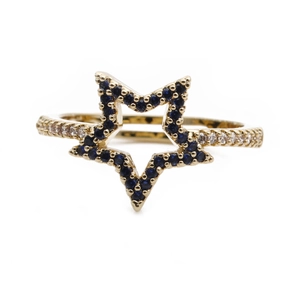 Elegant gold star ring with blue and white zircon pavé on a clean white background