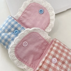 Detail of sweet lace earbuds pouch with blue pink gingham pattern and button snap