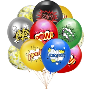 Colorful superhero party balloon set with comic prints like ZAP and POW for birthdays