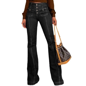 Women's high waist flared jeans in black denim with five buttons and patch pockets