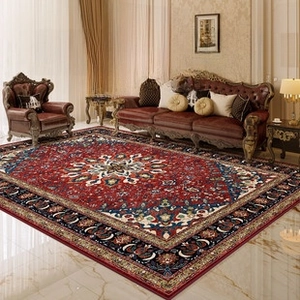 Close-up of Persian style rug featuring vintage geometric floral patterns in red and blue