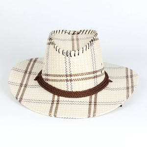 Classic woven cowboy straw hat with plaid pattern and brown rope trim for sun protection