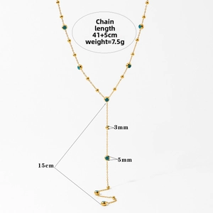 Detailed size chart of gold Y-necklace with blue evil eye beads and measurement labels