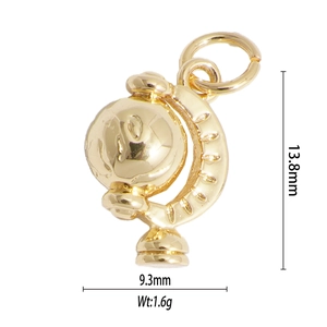 Detailed view of a gold globe pendant showing dimensions 13.8mm by 9.3mm and weight 1.6g