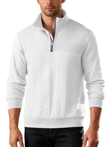 Macro detail of white textured knit pattern on men's vintage half-zip pullover sweatshirt
