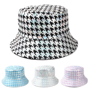 Reversible Bucket Hat Laser Iridescent Houndstooth PU Cotton Sun Protection Waterproof Street Hip Hop Hat For Women