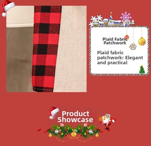 Close-up of red plaid stitching on burlap Christmas chair cover for festive dining decor