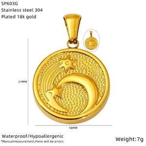 Macro detail of gold-plated celestial pendant showing front and back texture