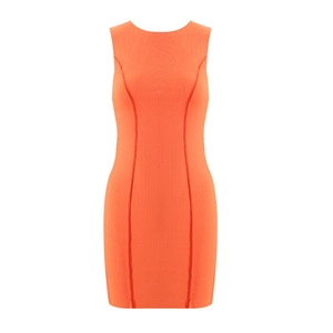 Slim fit sleeveless orange knit mini dress with crew neck and ribbed texture detail