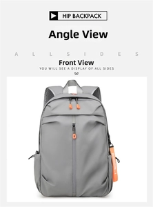Front view of grey laptop backpack with orange zippers and breathable mesh straps