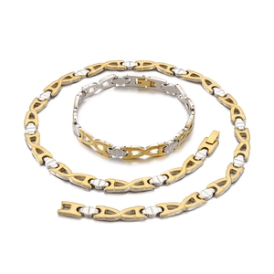 Two-tone stainless steel jewelry set with stirrup chain necklace and bracelet