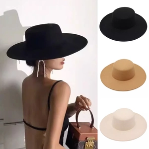 French Style Flat Top Wide Brim Polyester Fedora Hat For Women Vintage Elegant Jazz Felt Hat Autumn Winter Boater Hat
