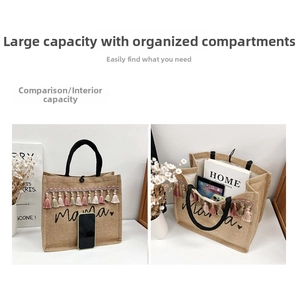 Detailed interior of large linen tote with mama embroidery and tassel trim capacity view