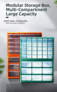 Detail of modular stackable drawer storage bins showing interlocking plastic compartments