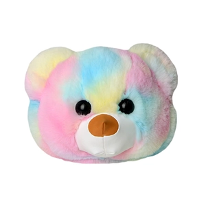 Rainbow faux fur bear head handbag with colorful plush texture and chain strap