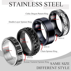 4-piece set of 8mm stainless steel spinner rings featuring Celtic dragon and Roman numerals