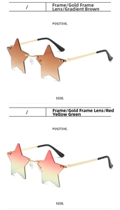 Close-up of rimless star-shaped sunglasses with gold temples and gradient lenses