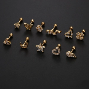 Collection de clous d'oreilles 16G en acier inoxydable doré avec zircons brillants
