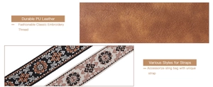 Detail of durable PU leather texture and ethnic style floral embroidery on handbag straps
