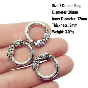 Macro detail of dragon-shaped vintage silver pendant ring with size specifications