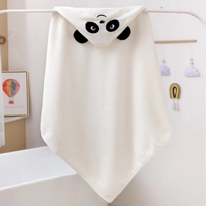 Detail of soft white coral fleece baby hooded bath towel with cute panda embroidery