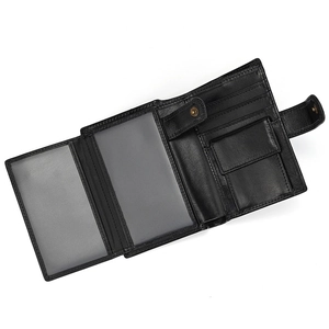 Detailed view of genuine leather wallet interior with card slots and snap coin pocket