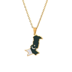 Vintage Pakistan map pendant necklace in gold stainless steel with green enamel flag design