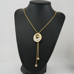 Long titanium steel necklace with gold Love pendant and sparkling diamond crescent detail