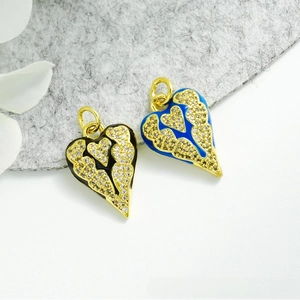 Detail of heart pendants with 18K gold plating, cubic zirconia, and colorful enamel