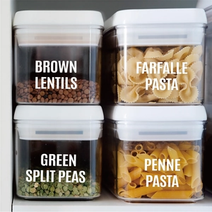 Stackable clear storage jars with white airtight lids for organizing pasta and lentils