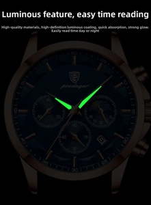 Macro shot of luminous hands and chronometer dials on a luxury waterproof quartz watch