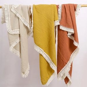 Baby Muslin Cotton Swaddle Blanket Soft Breathable Crepe Gauze Wrap With Tassel Edge For Infants Stroller Cover Receiving Blanket