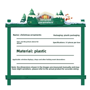 Infographic showing 31pcs plastic Christmas ornament set specifications and packing details