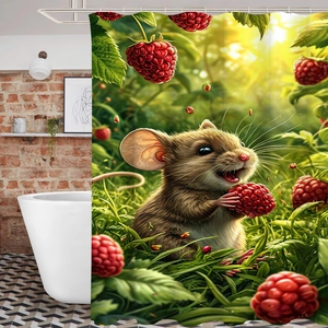 Detail eines wasserdichten Duschvorhangs mit Waldmaus, die rote Beeren im hellen Wald frisst