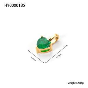 Detailed macro view of a green heart zirconia pendant with gold metal setting and dimensions