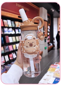 Close-up of a brown cartoon bear silicone sleeve and straw on a portable water bottle