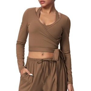 Women's 3-piece brown yoga set with V-neck wrap top and high-waist wide-leg pants