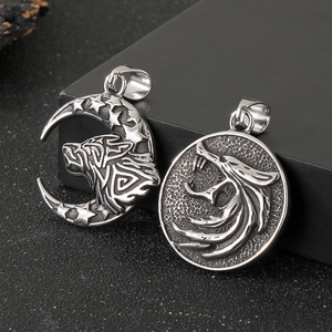 Nordic viking wolf pendants with crescent moon and star patterns in silver steel