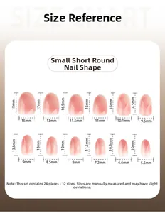 Size chart for short round press on nails showing dimensions for 24 pieces in 12 sizes