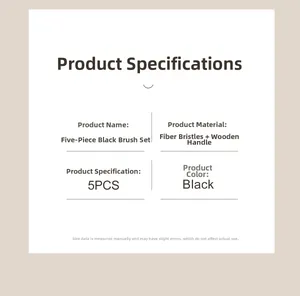 Detailed specs for 5-piece black makeup brush set with fiber hair and wood handle