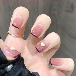Pink French Tip Heart Press On Nails With 3D Decoration Gradient Nude Pink Fake Nails For Women Daily Date Sweet Manicure